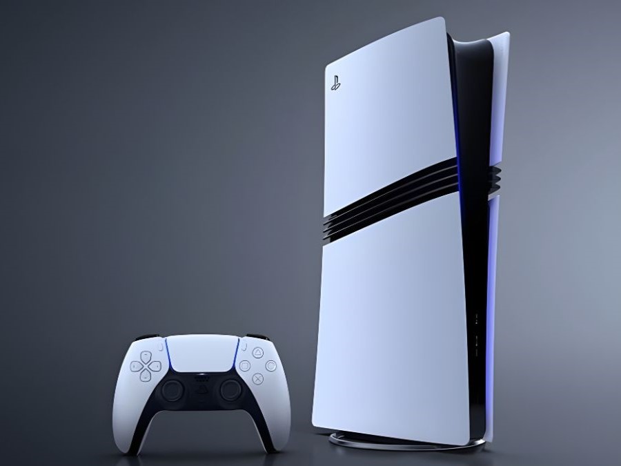 Консоль PS5 и геймпад DualSense на белом фоне