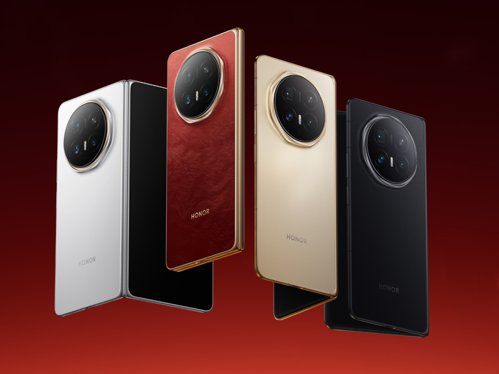 Honor Magic V6 складной смартфон в четырёх цветах на белом фоне