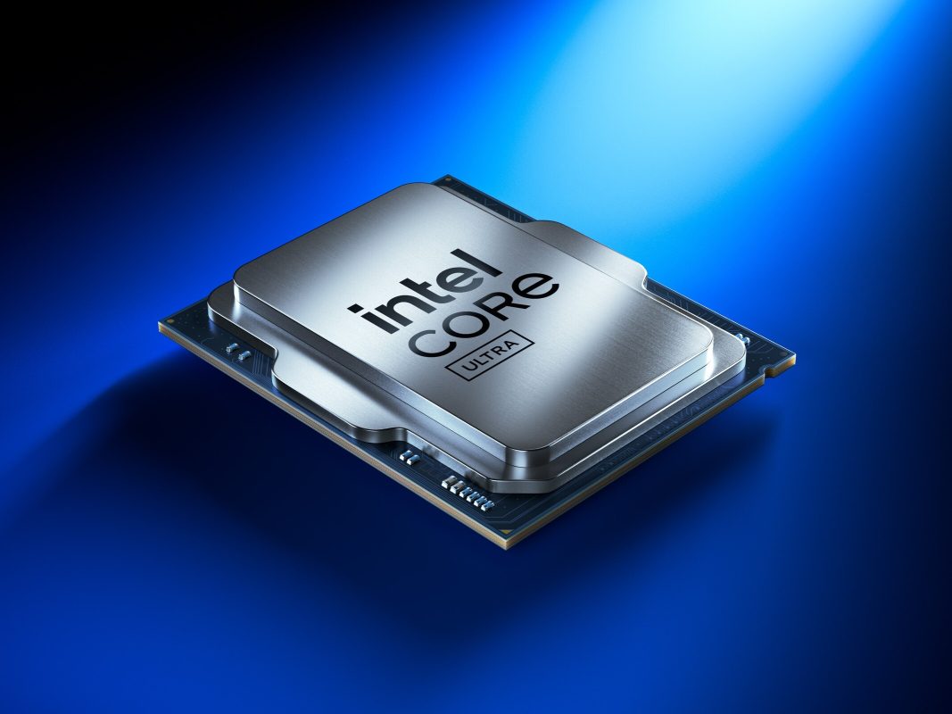 Процессор Intel Core Ultra на фоне логотипа Intel Nova Lake