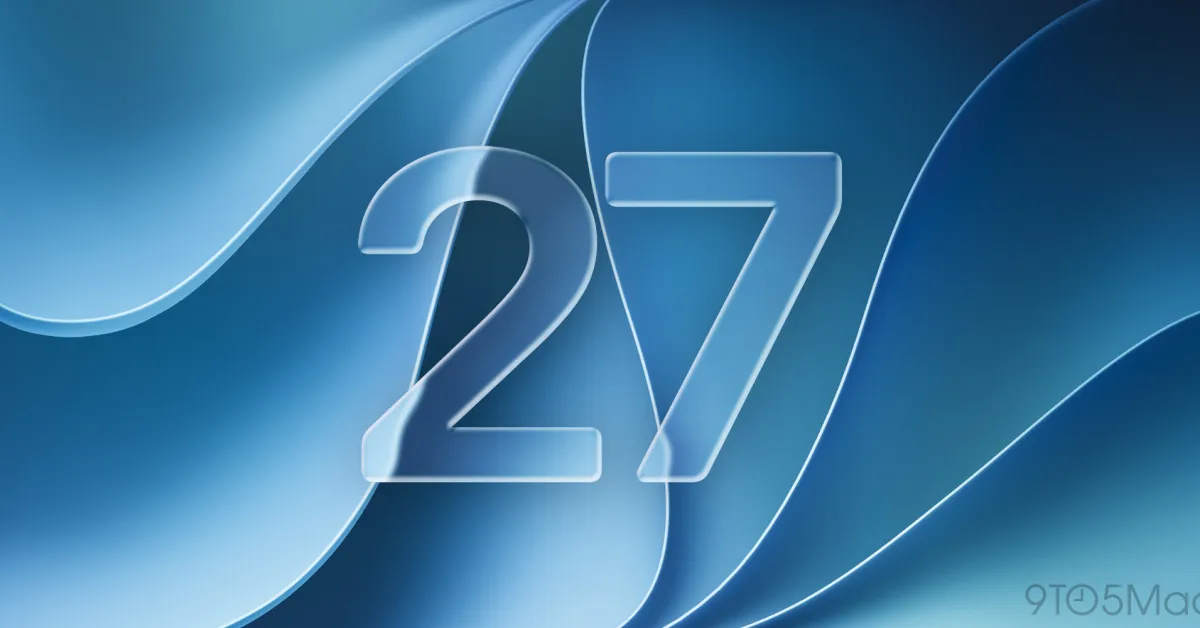 Светло-голубой экран с логотипом iOS 27 на iPhone