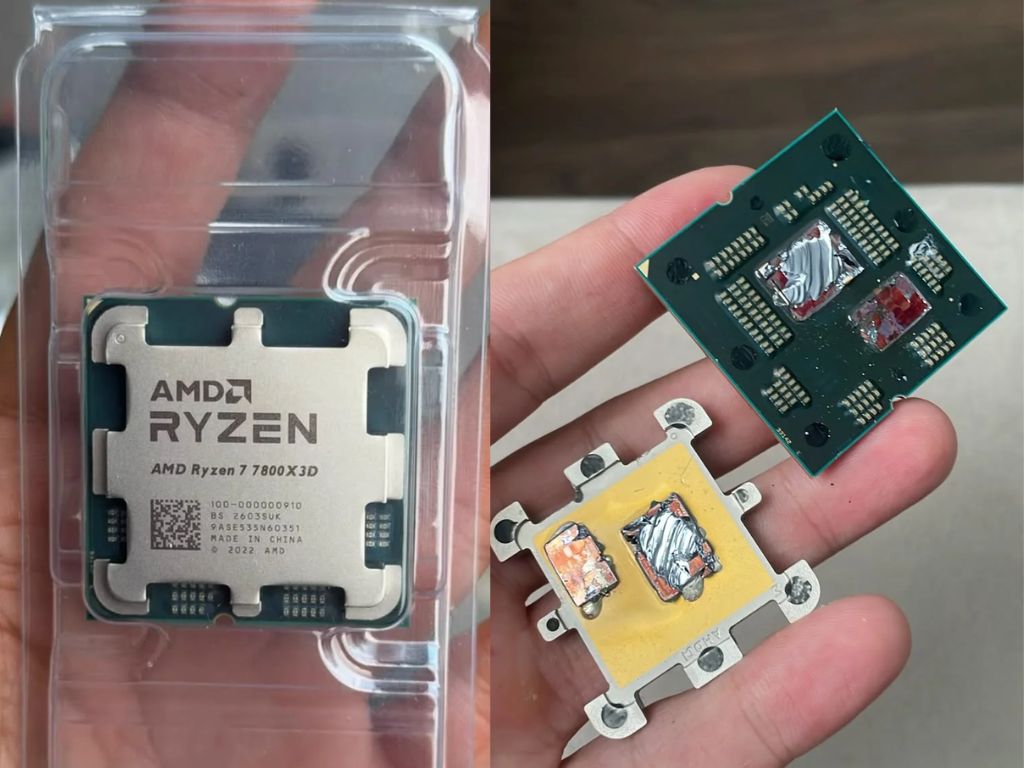 Повреждённый процессор AMD Ryzen 7 7800X3D со следами ожогов и вздутием после деллидинга