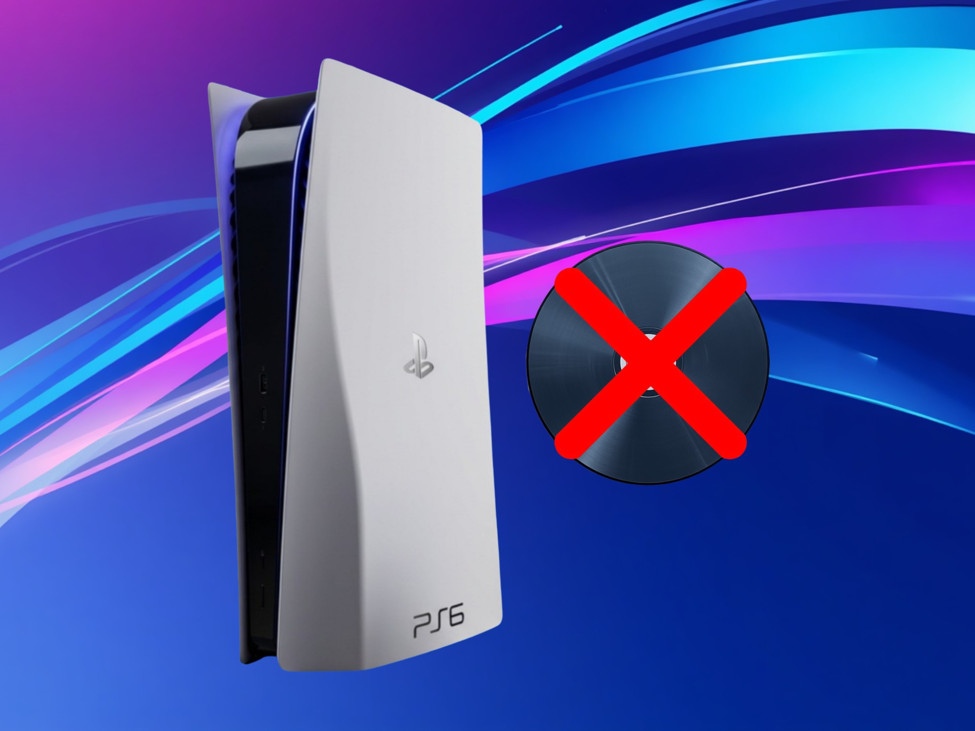 Концепт консоли PS6 рядом с игровым диском на тёмном фоне