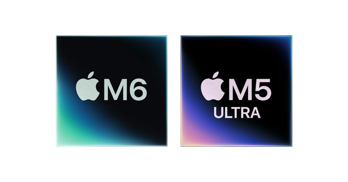 Логотипы чипов Apple M6 и M5 Ultra на тёмном фоне рядом