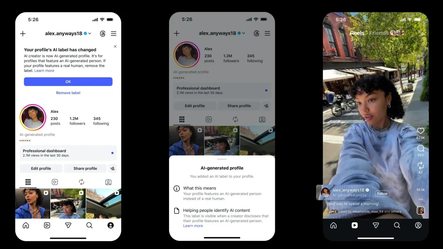Демонстрация метки AI-generated profile в интерфейсе Instagram