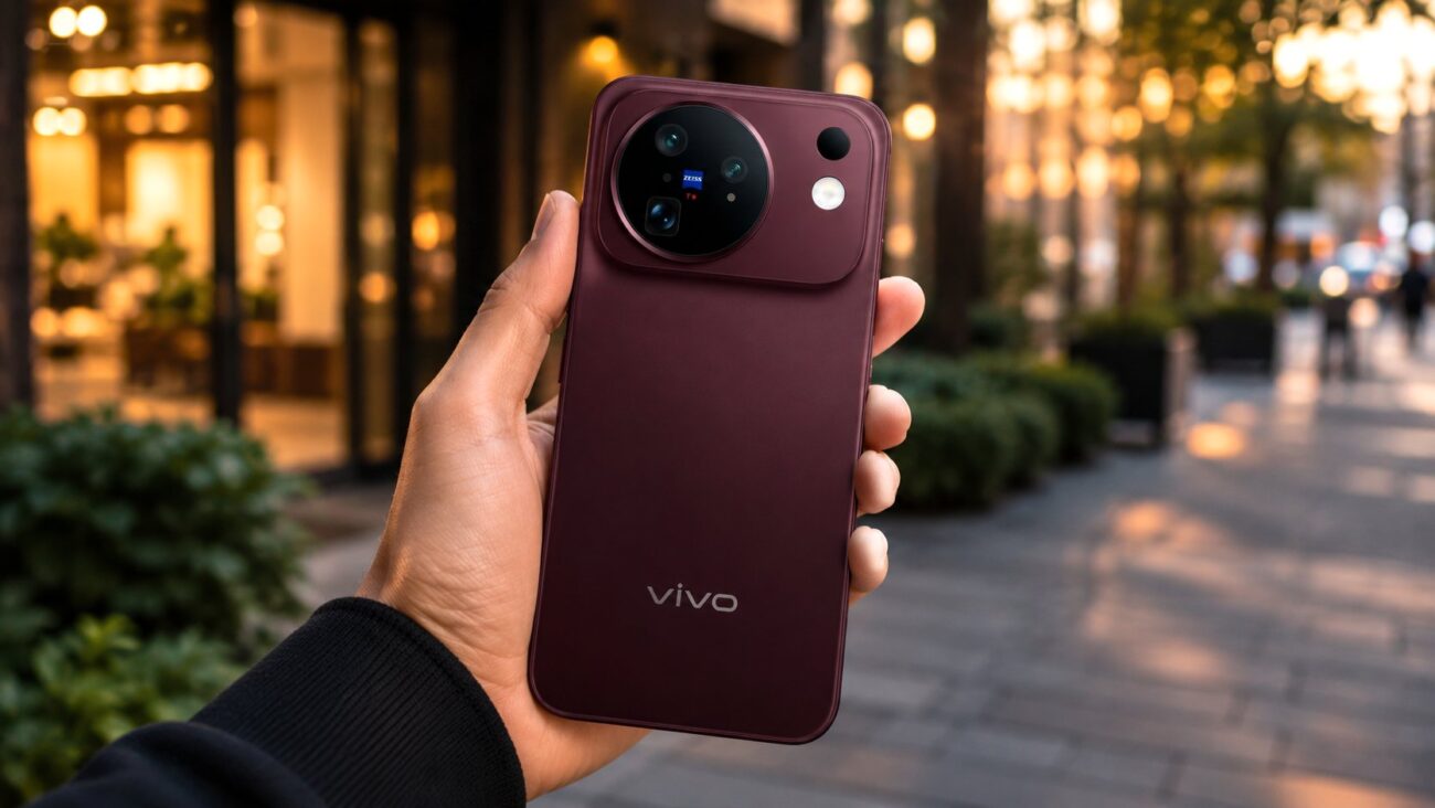 Рендер смартфона Vivo X500 с камерным блоком Zeiss на тёмном фоне