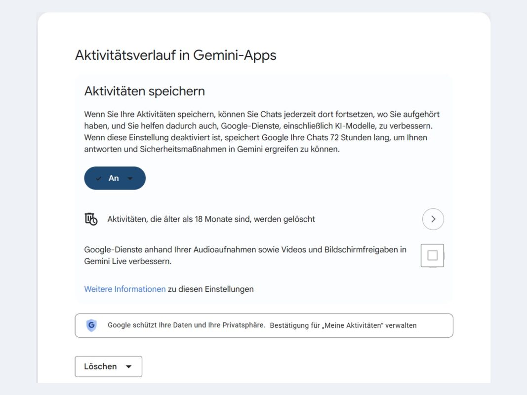 Настройки Google аккаунта с переключателем сохранения активности Gemini
