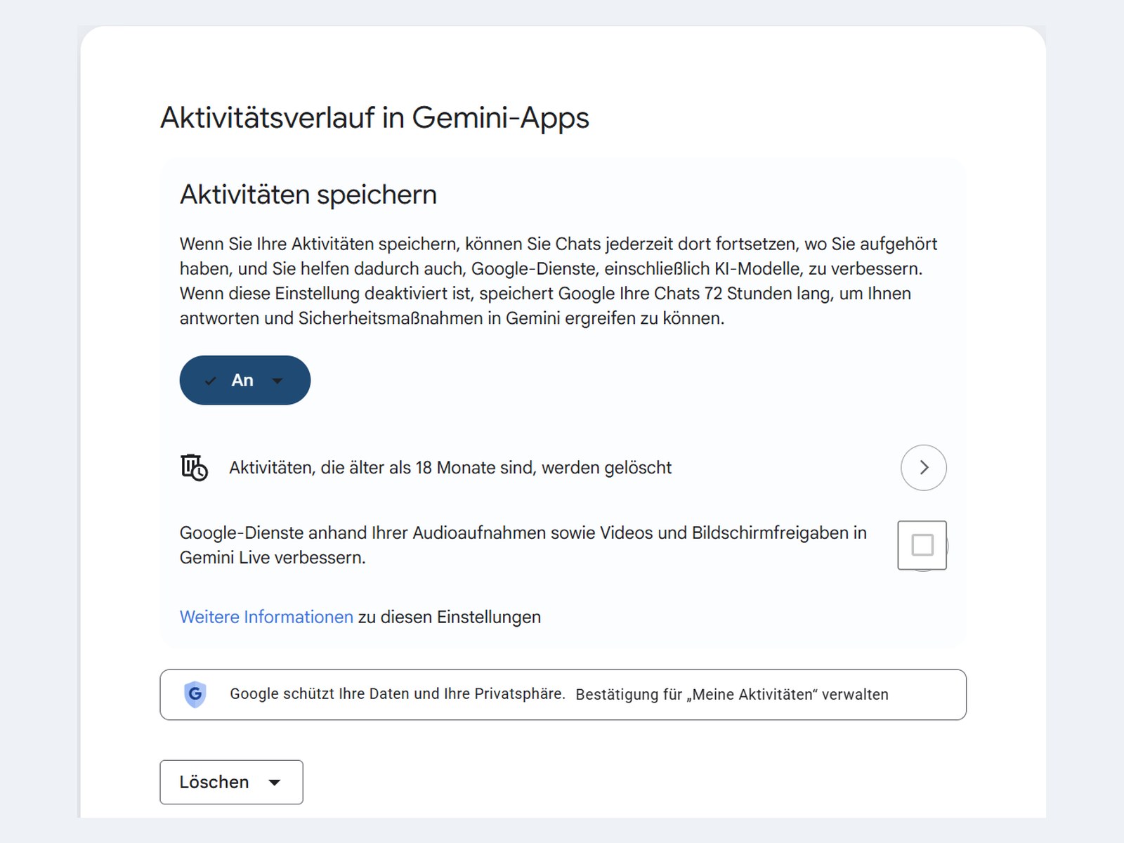 Настройки Google аккаунта с переключателем сохранения активности Gemini